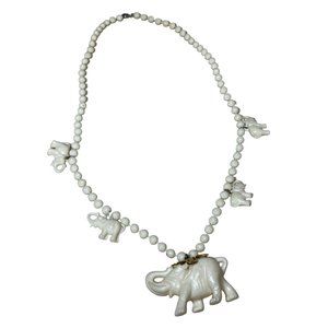 Vintage Celluloid Elephant Charm & Carved Rose Bead Necklace 24"